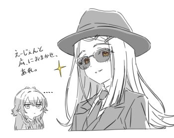 2girls antenna_hair blush closed_mouth collared_shirt commentary_request cropped_torso crossdressing crossdressing_(ftm) fedora flipped_hair gakuen_idolmaster greyscale hair_between_eyes hair_flaps hair_ornament hairclip hat highres idolmaster jacket kousuke0912 long_hair looking_at_another looking_at_viewer monochrome multiple_girls necktie orange_eyes parallel_hairclips parted_lips shinosawa_hiro shirt simple_background smile split_mouth spot_color suit_jacket sunglasses translation_request tsukimura_temari upper_body white_background white_shirt