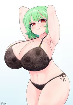 Rule 34 | 1girl, arms behind head, averting eyes, black bra, black panties, blue background, bra, breast focus, breasts, cleavage, closed mouth, commentary, english commentary, floral print, frilled bra, frills, gradient background, green hair, highres, huge breasts, kazami yuuka, light blush, midriff, navel, no pants, no shirt, panties, red eyes, rion (user ufvg8527), short hair, signature, simple background, smile, smirk, solo, swept bangs, touhou, underwear, upper body, v-shaped eyebrows, white background