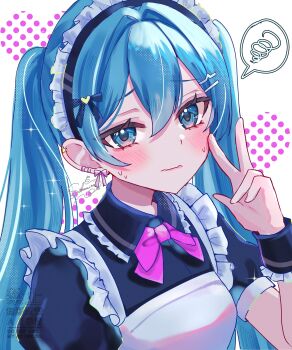 1girl absurdres apron blue_eyes blue_hair bow bowtie commentary_request ear_bow ear_piercing frilled_apron frilled_shirt_collar frilled_wrist_cuffs frills hair_between_eyes hair_bow hair_intakes hair_ornament hairclip hand_up hatsune_miku heart heart_background highres long_hair maid maid_apron maid_headdress nervous_sweating piercing pink_bow pink_bowtie sakanoi_noa short_sleeves sidelocks solo spoken_squiggle squiggle sweat twintails very_long_hair vocaloid w white_background white_trim wing_collar wrist_cuffs