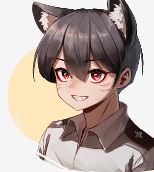 1boy 99dulgi animal_ear_fluff animal_ears black_hair collared_shirt commentary_request double-parted_bangs fangs highres korean_commentary male_focus original red_eyes shirt short_hair smile solo teeth upper_body white_background white_shirt