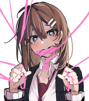 Rule 34 | 1girl, ahoge, black coat, blue eyes, bound, brown hair, coat, collared shirt, e.g.o (project moon), heart, heart-shaped pupils, highres, hod (project moon), lobotomy corporation, long hair, long sleeves, looking at viewer, nakame77, necktie, pink ribbon, project moon, red necktie, ribbon, roseate desire (e.g.o), shirt, simple background, solo, symbol-shaped pupils, tearing up, tied up (nonsexual), upper body, white background, white shirt