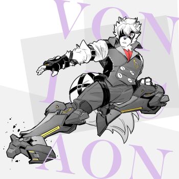 1boy absurdres animal_ears ascot black_gloves character_name colored_tips commentary english_commentary fingerless_gloves flying_kick furry furry_male gloves grey_vest highres kicking male_focus multicolored_hair paimingj prosthesis prosthetic_leg red_ascot shirt tail tail_belt vest von_lycaon white_shirt wolf_boy wolf_ears wolf_tail zenless_zone_zero