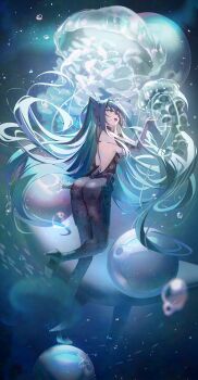 1girl :d absurdres air_bubble ass backless_bodysuit bare_back black_dress black_shoes blue_hair bodysuit breasts brown_eyes bubble commentary_request dress elbow_gloves floating_hair gloves goddess_of_victory:_nikke grey_bodysuit grey_gloves hair_between_eyes high_heels highres honeycomb_(pattern) jellyfish little_mermaid_(nikke) long_hair medium_breasts open_mouth ruda_(ruda_e) shoe_shop shoes smile solo underwater very_long_hair water