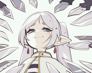 1girl capelet closed_mouth commentary earrings elf english_commentary frieren gold_trim green_eyes jewelry knife_cat_(meme) long_hair looking_at_viewer meme parororo parted_bangs pointy_ears shirt smile smug solo sousou_no_frieren striped_clothes striped_shirt surrounded_by_weapons twintails upper_body upward_angle_frieren_drawing_(meme) white_background white_capelet white_hair