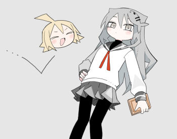 >_< 2girls abe_tomomi agoshi_sakina ahoge arm_at_side black_pantyhose blonde_hair blush book bouncing closed_mouth expressionless feet_out_of_frame fish_hair_ornament grey_background grey_eyes grey_hair grey_sailor_collar grey_skirt hair_ornament hairclip hand_on_own_hip holding holding_book long_hair long_sleeves looking_at_viewer multiple_girls neck_ribbon null-meta open_mouth pantyhose pleated_skirt red_ribbon ribbon sailor_collar school_uniform serafuku severed_head simple_background skirt smile standing undershirt uozumi_kurumi