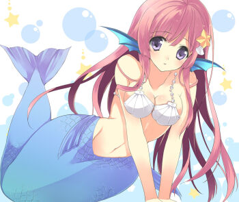 1girl animal_ears bare_shoulders bikini breasts cleavage female_focus fish gem long_hair mermaid monster_girl navel original pearl_(gemstone) pink_hair purple_eyes purple_hair scales shell shell_bikini shells solo starfish yukiwo