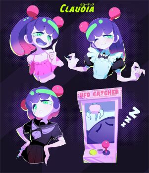 1girl apron arm_up arms_up black_skirt blush character_name claudia_(donutypd) closed_eyes closed_mouth colored_skin controller crane_game donuttypd dots multiple_expressions fingernails green_eyes hand_up hands_on_own_hips hands_up head_tilt highres joystick long_hair looking_ahead looking_to_the_side maid maid_apron medium_hair mimic monster_girl multicolored_hair nail_polish navel one_eye_closed open_mouth original pink_hair pink_skin pleated_skirt pointing pointing_up ponytail puffy_short_sleeves puffy_sleeves purple_hair sailor_collar school_uniform sharp_fingernails shine short_hair short_sleeves side_ponytail skirt sleeping smile striped_background zzz