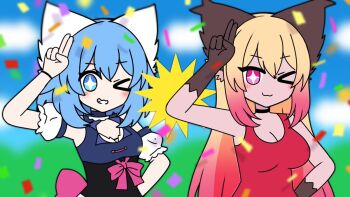 Rule 34 | > o, + +, 2girls, :3, animal ear fluff, animal ears, arm up, back bow, black corset, blonde hair, blue eyes, blue hair, blue sky, blurry, blurry background, bow, breasts, choker, cleavage, cloud, cloudy sky, colored skin, commentary, confetti, corset, detached sleeves, dress, english commentary, gradient hair, grin, hair between eyes, hand on own hip, indie virtual youtuber, large breasts, long hair, looking at viewer, luna (wolfychu), medium breasts, mesmerizer (vocaloid), multicolored hair, multiple girls, no nose, one eye closed, parody, pink bow, pink eyes, puffy detached sleeves, puffy sleeves, red hair, red tank top, salute, short hair, side-by-side, sky, smile, star-shaped pupils, star (symbol), symbol-shaped pupils, tan, tank top, tridecagram, two-finger salute, upper body, virtual youtuber, white sleeves, wolf ears, wolf girl, wolfychu, wolfychu (artist), yellow star