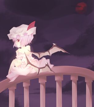 Rule 34 | 1girl, back, bad id, balcony, bare shoulders, bat wings, closed mouth, cloud, cloudy sky, female focus, full body, full moon, hat, light purple hair, looking at viewer, looking back, mob cap, moon, nayuta (artist), nayuta (scarlet-noize), night, pink shirt, pink skirt, red eyes, red moon, remilia scarlet, shirt, short hair, sitting, skirt, sky, solo, touhou, wings