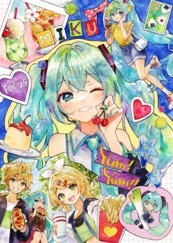 1boy 2girls :d ;d aqua_eyes aqua_hair aqua_nails aqua_necktie blonde_hair blue_skirt burger cake character_name cherry chibi commentary cropped_torso crossed_bangs cup denim denim_skirt disposable_cup drinking_straw english_commentary fingernails food french_fries fruit green_eyes grin hand_up hashtag-only_commentary hatsune_miku heart highres holding holding_burger holding_cup holding_food holding_fruit holding_plate hot_dog kagamine_len kagamine_rin looking_at_viewer multiple_girls multiple_views necktie one_eye_closed open_mouth painting_(medium) plate shirt shoes skirt smile socks spring_onion traditional_media twintails vocaloid watercolor_(medium) white_shirt white_shoes white_socks yellow_shirt yuyuharu_1027
