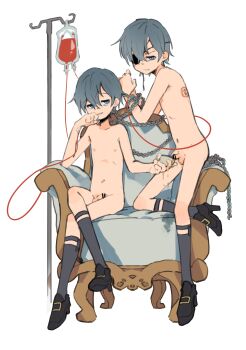 2boys absurdres bar_censor blood blood_bag blue_hair bound bound_wrists branded brothers censored chain ciel_phantomhive ciel_phantomhive's_brother eyepatch full_body highres iv_stand kenoru kuroshitsuji legwear_garter male_focus multiple_boys nude peeing penis short_hair shota siblings sitting socks white_background
