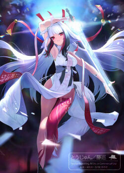 1girl alternate_form animal_ears arm_over_head arm_up armlet breasts china_dress chinese_clothes commentary dress droopy_ears hand_on_blade headband highres holding holding_above_head holding_sword holding_weapon horns horse_girl jewelry leg_tattoo long_hair medium_breasts multicolored_hair multiple_swords official_alternate_hair_color outstretched_arm qingming_sword red_eyes ribbon see-through_cleavage see-through_clothes see-through_horns single_horn sleeveless streaked_hair sword tail tattoo thighs torjun_111 very_long_hair weapon white_hair ye_shunguang zenless_zone_zero