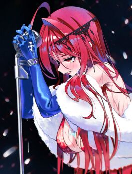 1girl ahoge alternate_costume blue_gloves blush breasts closed_mouth commentary elbow_gloves elizabeth_rose_bloodflame english_commentary gloves gurumie highres holding holding_microphone hololive hololive_english large_breasts lipstick long_hair makeup microphone red_eyes red_hair red_lips very_long_hair virtual_youtuber