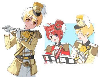 2boys antenna_hair blonde_hair closed_eyes commentary cowboy_shot flute gloves hair_between_eyes hat heterochromia highres holding holding_flute holding_instrument instrument jacket kai_(shell) long_sleeves looking_at_another looking_at_viewer male_focus mini_hat multiple_boys multiple_views open_mouth orange_eyes parted_lips red_hair red_jacket rinu_(stpri) root_(stpri) short_hair simple_background smile strawberry_prince symbol-only_commentary upper_body white_background white_gloves yellow_jacket