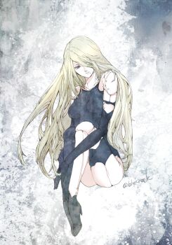 1girl a2_(nier:automata) black_gloves blonde_hair blue_eyes breasts closed_mouth collarbone commentary_request elbow_gloves gloves hair_over_one_eye high_heels joints long_hair medium_breasts mole mole_under_mouth nier:automata nier_(series) robot_joints ruka_(blueplus84) sitting solo twitter_username very_long_hair
