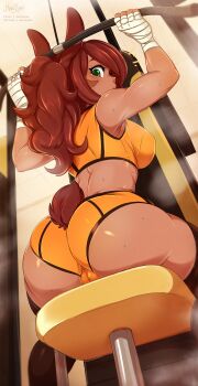 1girl 2019 animal_ears arms_up ass ass_focus bad_id bad_pixiv_id black_thighhighs blush borrowed_character bra breasts brown_hair cameltoe commentary curly_hair curvy dark-skinned_female dark_skin english_commentary exercise_machine exercising fat_mons female_focus green_eyes hand_wraps heavy_breathing highres large_breasts long_hair looking_at_viewer looking_back merunyaa midriff orange_bra orange_shorts original pinup_(style) ponytail rabbit_ears rabbit_tail short_shorts shorts signature sitting solo sports_bra sweat tail thick_thighs thighhighs thighs toned underwear weightlifting