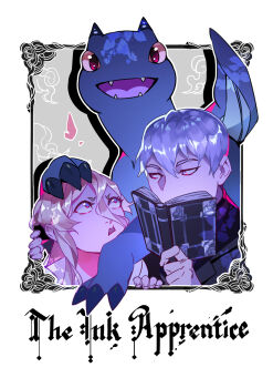 1boy 1girl blonde_hair blue_eyes blue_hair book border commentary copyright_name double-parted_bangs dragon english_commentary fangs hair_between_eyes highres holding holding_book long_hair looking_at_another looking_at_viewer looking_up lydialing_draws open_book open_mouth outside_border short_hair the_ink_apprentice white_border