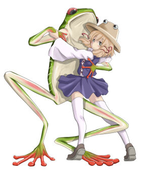 Rule 34 | 1girl, ao usagi, dancing, female focus, frog, hat, legs, moriya suwako, red eyes, revision, short hair, simple background, solo focus, thighhighs, touhou, white background