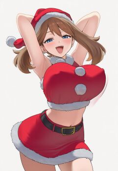 1girl alternate_costume blue_eyes breasts brown_hair christmas cleavage dress fur-trimmed_dress fur_trim highres large_breasts looking_at_viewer may_(pokemon) nintendo open_mouth pokemon pokemon_rse red_dress santa_costume santa_dress simple_background smile solo standing ueponzu