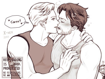 3boys after_kiss anger_vein blush closed_eyes commentary deadpool english_commentary english_text facial_hair frown hand_on_another's_chest heart male_focus marvel multiple_boys muscular muscular_male pectorals sabertooth_(x-men) sherlock7akane short_hair speech_bubble tank_top thought_bubble tongue tongue_out wolverine_(x-men) x-men x-men_film_series x-men_origins:_wolverine yaoi