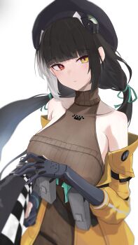 1girl beret black_hair black_hat breasts brown_sweater chinese_commentary commentary_request girls'_frontline girls'_frontline_2:_exilium hat heterochromia highres holding holding_megaphone jacket megaphone moea_(pixiv_91611389) multicolored_hair off_shoulder parted_lips red_eyes ro635_(girls'_frontline) robella_(girls'_frontline_2) simple_background sleeveless sleeveless_sweater sleeveless_turtleneck solo streaked_hair sweater turtleneck two-tone_hair white_background white_hair yellow_eyes yellow_jacket
