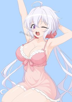 1girl ahoge arm_behind_head armpits blue_background bra breasts camisole cleavage covered_navel hair_between_eyes hair_ornament hair_scrunchie highres large_breasts long_hair looking_at_viewer open_mouth philip98267134 pink_bra pink_camisole purple_eyes scrunchie senki_zesshou_symphogear simple_background sitting solo stretching teeth underwear upper_teeth_only very_long_hair white_hair yukine_chris