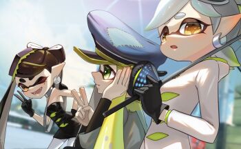 +_+ 3girls :o ;d agent_3_(splatoon) asymmetrical_hair bare_shoulders black_dress black_gloves black_hair blurry blurry_background bow-shaped_hair breasts callie_(alterna)_(splatoon) callie_(splatoon) captain_3_(splatoon) dress earrings fangs food food_on_head gloves gradient_hair hair_over_shoulder headphones highres holding holding_umbrella hood hooded_jacket inkling inkling_player_character jacket jewelry leaning_forward long_eyelashes long_hair looking_at_viewer looking_away marie_(alterna)_(splatoon) marie_(splatoon) medium_breasts mole mole_under_eye multicolored_hair multiple_girls nintendo object_on_head one_eye_closed open_mouth pale_skin pantyhose parasol patchwork_clothes pointy_ears short_hair sideboob silver_choker small_breasts smile splatoon_(series) splatoon_3 squidbeak_splatoon strapless strapless_dress sushi takkun0926 tentacle_hair thick_eyebrows umbrella v very_long_hair white_hair white_jacket white_pantyhose yellow_eyes