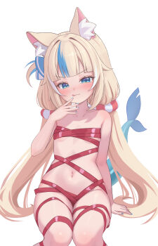 1girl absurdres ahoge animal_ear_fluff animal_ears blonde_hair blue_bow blue_eyes blue_hair blue_streaks blunt_bangs bow cat_ears fins fish_girl fish_tail flat_chest fpvjoe hair_bow highres indie_virtual_youtuber lifebuoy_hair_ornament loli long_hair looking_at_viewer low_twintails multicolored_hair naked_ribbon navel one_side_up ribbon sameko_saba simple_background solo streaked_hair tail twintails very_long_hair virtual_youtuber white_background white_hair white_streaks