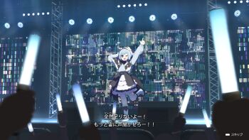 1girl blue_hair button_prompt fake_screenshot glowstick gothic_lolita highres idol lolita_fashion lost_property_971_(lost_property_control_organization) lost_property_control_organization_(samidare) multiple_others one_eye_closed original penlight_(glowstick) pointing pointing_up purple_eyes samidare_(hoshi) short_hair stage stage_lights translated user_interface