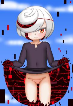 1girl 2023 20s artificial_intelligence black_dress blush bottomless cleft_of_venus clothes_lift cloud collarbone day dress dress_lift female_focus flashing flat_chest frown gluteal_fold highres hoshime lifting_own_clothes loli looking_at_viewer navel no_panties nude one_eye_covered outdoors pale_skin pussy red_eyes sage_(sonic) sega short_hair sky solo sonic_(series) sonic_frontiers standing stomach thighs white_hair