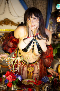 1girl asian belly belly_dancer black_hair breasts chouzuki_maryou cleavage highres large_breasts lipstick makeup photo_(medium) plump solo thick_thighs thighs underboob