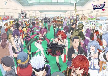animal_ears armor av-98_ingram belt blue_hair bodysuit chainsaw_man convention convention_hall cosplay crossover crowd edward_newgate facial_hair fern_(sousou_no_frieren) from_above gojo_satoru hair_between_eyes hat highres hololive horns jujutsu_kaisen kamen_rider kamen_rider_agito kamen_rider_agito_(ground_form) kamen_rider_agito_(series) kidou_keisatsu_patlabor long_hair male_focus mature_female merchandise multiple_boys multiple_crossover multiple_girls muscular mustache one_piece otaku pekomama people price_tag purple_hair rabbit_ears rabbit_girl red_hair reze_(chainsaw_man) rider_belt smile sousou_no_frieren stark_(sousou_no_frieren) usada_pekora virtual_youtuber white_hair yudhacakranidji