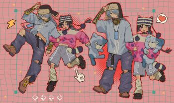 Rule 34 | 2boys, :3, :d, :o, absurdres, alternate costume, alternate hairstyle, animal ear headwear, arrow (symbol), bandaid, bandaid on face, bandaid on nose, beanie, belt, belt collar, black belt, black collar, black hair, black hat, black nails, black shirt, blue eyes, blue hair, blue shirt, blush, boots, braid, brown boots, brown hat, brown shoes, cellphone, cellphone strap, closed mouth, collar, collarbone, contemporary, contrapposto, cursor, denim, diamond print, fake animal ears, fashion, full body, fur-trimmed headwear, fur-trimmed shorts, fur trim, grey shorts, grid background, groin, hair over one eye, halftone, hand on own head, happy, hat, heart, highres, holding, holding stuffed toy, houjou tokiyuki (nige jouzu no wakagimi), jeans, knee cutout, kneehighs, lace-up boots, leg up, lightning bolt symbol, locked arms, long hair, long sleeves, looking at viewer, loose socks, low ponytail, male focus, midriff peek, multiple boys, multiple views, nail polish, navel, nige jouzu no wakagimi, one eye closed, one eye covered, open mouth, outline, pants, parted bangs, phone, pink background, pink sweater, pixel art, pom pom (clothes), pom pom beanie, ponytail, purple eyes, red outline, salute, scar, scar on stomach, shirt, shirt under shirt, shoes, shorts, sidelocks tied back, single braid, smile, socks, spoken heart, standing, standing on one leg, star (symbol), striped clothes, striped hat, striped shirt, stuffed animal, stuffed toy, surprised, sweater, teddy bear, thick eyebrows, torn clothes, torn jeans, torn pants, two-finger salute, two-tone sweater, ushanka, wallet chain, white hat, white socks, white sweater, wolf cut, xiao (creation0528), y2k fashion, yellow shirt