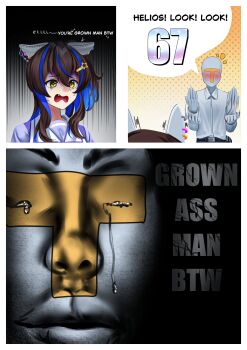 1boy 1girl 67_(meme) absurdres animal_ears blue_hair brown_hair close-up collared_shirt commentary crying daitaku_helios_(umamusume) ear_covers embarrassed english_commentary fang grown_ass_man_btw_(meme) hair_between_eyes hair_ornament hairclip highres horse_ears horse_girl long_hair long_sleeves manjo_(warito) meme multicolored_hair open_mouth purple_shirt sailor_collar sailor_shirt school_uniform shirt side_ponytail speech_bubble star_(symbol) star_hair_ornament streaked_hair sweat t-head_trainer_(umamusume) tears tracen_school_uniform trainer_(umamusume) traumatized umamusume white_sailor_collar white_shirt yellow_eyes