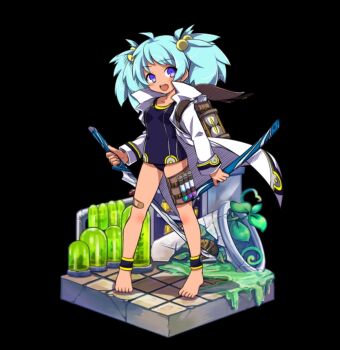 1girl :d ahoge bandaid bandaid_on_knee bandaid_on_leg barefoot black_background blue_hair blue_one-piece_swimsuit blush breasts broken coat full_body green_water highres holding holding_sheath holding_sword holding_weapon katana kinoron_(merc_storia) leaf long_sleeves looking_at_viewer merc_storia merc_storia_art_team official_art one-piece_swimsuit open_mouth purple_eyes reverse_grip school_swimsuit shards sheath simple_background small_breasts smile solo standing swimsuit sword tachi-e test_tube tile_floor tiles twintails weapon white_coat
