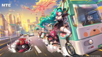3girls absurdres animal_ear_fluff animal_ear_legwear animal_ears aqua_hair black-framed_eyewear black_gloves black_hat black_jacket black_skirt black_unitard blue_eyes breasts cat_ear_legwear cat_ears cat_girl cat_tail colored_eyelashes company_name copyright_logo copyright_name cross_in_eye english_text glasses gloves grey_hair hair_ornament hat highres horns jacket kiroumaru_(nte) large_breasts logo looking_at_viewer mint_(nte) multicolored_hair multiple_girls nanally_(nte) neverness_to_everness official_art open_mouth pink_eyes pink_streaks red_eyes red_hair sakiri_(nte) single_horn skirt smile streaked_hair tail taygedo_(nte) tiered_skirt tiger_ears tiger_girl tiger_tail