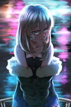 1girl absurdres bandaid bandaid_on_face black_tank_top breasts cigarette cleavage commentary crying crying_with_eyes_open girls_band_cry green_jacket grey_eyes grey_hair hair_between_eyes highres jacket kawaragi_momoka long_hair multicolored_hair mutsuki_(mutsuki0110) roots_(hair) solo tank_top tears