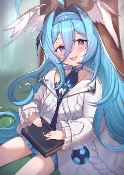 1girl :d ahoge blue_eyes blue_hair blue_hairband blue_skirt book cardigan commentary_request duet_night_abyss feathered_wings fina_(duet_night_abyss) hair_between_eyes hair_intakes hairband head_wings highres long_hair long_sleeves miniskirt open_mouth partial_commentary pleated_skirt sitting skirt smile solo uneg white_cardigan white_wings wings