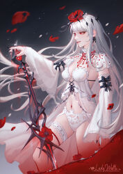 Rule 34 | 1girl, babydoll, black nails, breasts, cleavage, collar, coquelic (path to nowhere), cowboy shot, detached collar, detached sleeves, earrings, flower, flower ornament, gem, gradient background, hair flower, hair ornament, highres, holding, holding sword, holding weapon, jewelry, knee up, ladywaltz, long hair, long sleeves, looking ahead, medium breasts, midriff, nail polish, navel, navel piercing, necklace, panties, parted lips, path to nowhere, petals, piercing, poppy (flower), red eyes, red flower, red gemstone, red lips, see-through, see-through sleeves, smile, solo, standing, stomach, sword, thigh strap, underwear, very long hair, weapon, white babydoll, white collar, white hair, white negligee, white panties, white sleeves