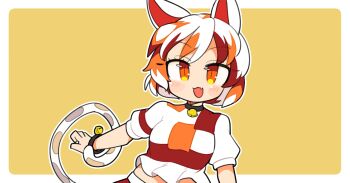 1girl :d animal_ears bell blush border calico_(pattern) cat_ears cat_girl cat_tail commentary goutokuji_mike ini_(inunabe00) looking_at_viewer multicolored_hair neck_bell open_mouth orange_eyes orange_hair outline outside_border red_eyes shirt short_hair short_sleeves simple_background smile solo tail touhou upper_body white_border white_hair white_outline white_shirt yellow_background