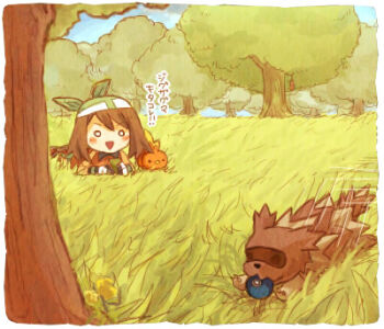 1girl 2012 bandana bike_shorts bike_shorts_under_shorts blueberry brown_hair food fruit gen_3_pokemon gloves grass green_bandana lowres may_(pokemon) nintendo open_mouth orange_shirt orange_shoes pokemon pokemon_(creature) pokemon_emerald pokemon_rse shirt shoes short_hair shorts sleepy_(sleep_&#039;n&#039;_dream) torchic tree zigzagoon