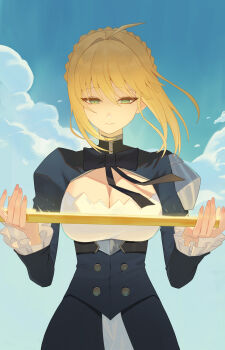 1girl absurdres alternate_breast_size_(larger) artoria_pendragon_(fate) blonde_hair blue_dress blue_sky braid breasts bun_with_braided_base cleavage closed_mouth cloud commentary dress english_commentary fate/stay_night fate_(series) green_eyes hair_bun highres holding honkai:_star_rail honkai_(series) large_breasts oro_(lsg0624) outdoors revision saber_(fate) saber_(honkai:_star_rail)_(fate) sky solo