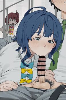 1boy 2girls animated bar_censor blue_bow blue_eyes blue_hair bow censored closed_eyes collared_shirt erection fellatio green_necktie grey_skirt hetero highres komari_chika lonklink looping_animation make_heroine_ga_oo_sugiru! male_pubic_hair multiple_girls necktie open_mouth oral penis pubic_hair red_bow red_eyes shirt short_hair short_sleeves skirt solo_focus tagme testicles video voyeurism watching white_shirt wide-eyed yanami_anna yellow_bow yellow_eyes