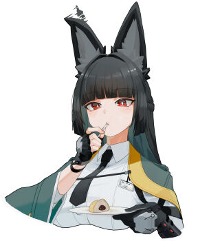 1girl animal_ear_fluff black_hair blunt_bangs braid breasts bright_pupils colored_inner_hair commentary ear_wiggle eating food fork fox_girl gloves highres holding holding_fork holding_plate hoshimi_miyabi id_card jacket large_breasts large_ears light_blush long_hair multicolored_hair necktie plate red_eyes shinarika396 shirt side_braid strap white_background white_pupils zenless_zone_zero