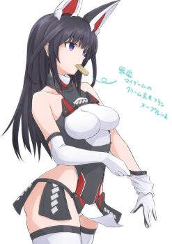 1girl absurdres agatsuma_kaede alice_gear_aegis black_eyes black_hair blush breasts covered_navel elbow_gloves gloves highres leotard long_hair looking_at_viewer medium_breasts solo tubamesaapoo weapon