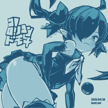 1girl ahoge ass backbeako_(torotei) backbeard bare_shoulders bent_over blue_background blue_theme blush closed_mouth commentary cowboy_shot dated dated_commentary dress elbow_gloves floating_hair gegege_no_kitarou gloves hair_over_one_eye hair_ribbon kono_lolicon_domome light_frown long_hair looking_at_viewer looking_to_the_side monochrome neckerchief original paid_reward_available panties pleated_dress pointy_ears ribbon simple_background sleeveless sleeveless_dress solo thighhighs thighs torotei translated twintails underwear watermark web_address
