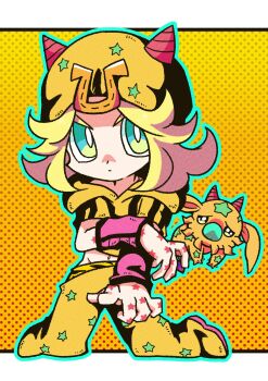 Rule 34 | 1boy, absurdres, aqua outline, arm warmers, beanie, blonde hair, blue eyes, chibi, chibi only, commentary, green eyes, hair horns, handprint, hat, highres, hood, hood down, hoodie, horseshoe hat ornament, horseshoe ornament, johnny joestar, jojo no kimyou na bouken, kneeling, looking at viewer, m a a m 8, male focus, medium hair, outline, pants, polka dot, polka dot background, red arm warmers, short sleeves, stand (jojo), star (symbol), star print, steel ball run, tusk (stand), tusk act1, untranslatable commentary, yellow background, yellow hat, yellow hoodie, yellow pants