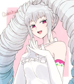 1girl :d akasata amou_june bare_shoulders border breasts commentary_request drill_hair elbow_gloves gloves gradient_hair grey_hair hands_up long_hair looking_at_viewer medium_breasts multicolored_hair open_mouth outside_border pink_background pretty_rhythm pretty_rhythm_rainbow_live pretty_series purple_eyes smile solo steepled_fingers twin_drills twintails upper_body white_border white_gloves