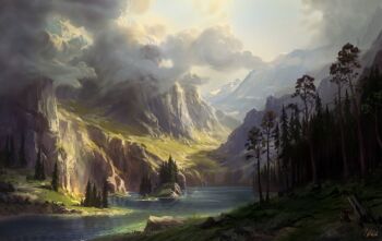 absurdres blue_sky cloud cloudy_sky commentary day english_commentary forest grass highres landscape mountain nature no_humans original outdoors philipp_urlich river scenery signature sky tree