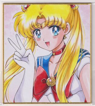 1girl bishoujo_senshi_sailor_moon blonde_hair blue_eyes blue_sailor_collar bow chikoto_(kztc4472) choker circlet crescent double_bun earrings elbow_gloves gloves hair_bun hair_ornament heart highres jewelry long_hair photo_(medium) red_bow red_choker sailor_collar sailor_moon sailor_senshi_uniform smile solo traditional_media transformation_brooch_(sailor_moon) tsukino_usagi twintails very_long_hair white_gloves
